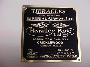 Handley Page 1920s - 1930s Heracles Imperial Airway Data Plate Acid Etched Brass